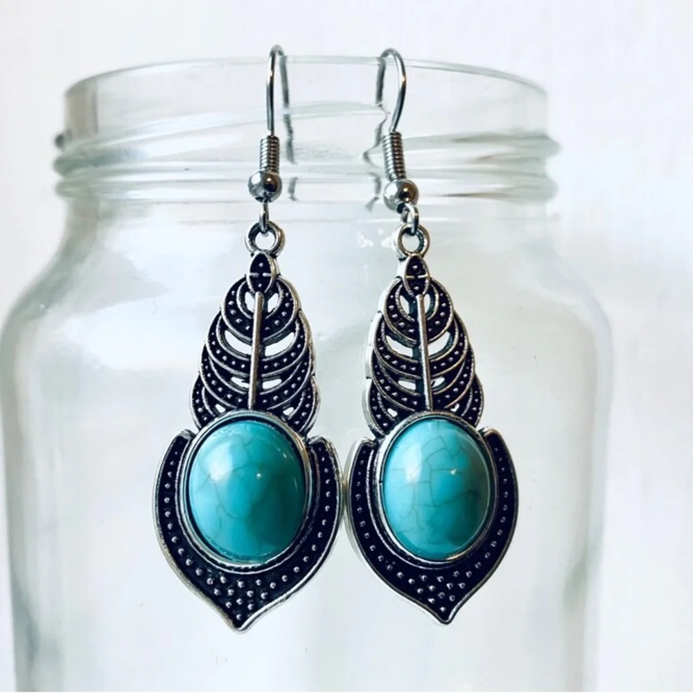 New Sterling Silver Native Ethnic Patina Floral Turquoise Handmade Earrings